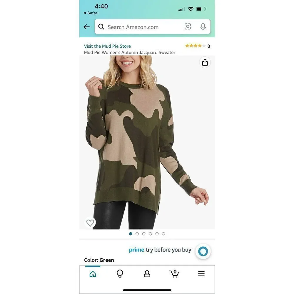 Mud Pie Camouflage Green Tan Autumn Jacquard Sweater NWT!